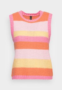 Sleevless striktrøje med horisontale striber i pink, orange, gul og lys pink, med rund halsudskæring og ribkantede kanter.