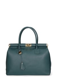 Donker teal leren handtas met een gestructureerde vorm, twee bovenhandvatten en gouden hardware. Voorzien van een sluiting met een haak en een afneembare schouderriem.