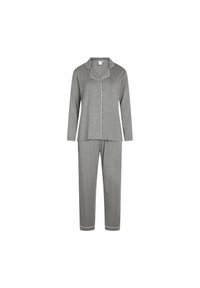 Completo pigiama grigio con camicia a maniche lunghe, abbottonata e con colletto, e pantaloni, entrambi con piping bianco lungo i bordi. Tessuto morbido.