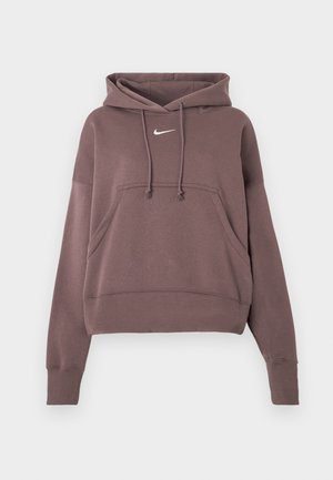 Brązowy krótki hoodie z kieszenią z przodu, kapturem na sznurku, prążkowanymi mankietami i dołem oraz małym białym logo Nike na piersi.