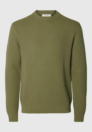 Olivgrüner Strickpullover mit rundem Halsausschnitt, gerippten Bündchen und Saum, aus einem strukturierten Material und in lockerer Passform.