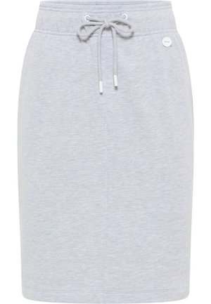 Lysegrå sportskørt i bomuldsblanding med justerbar snørelukke i taljen, sidelommer og en glat overflade. Simpelt design uden mønstre.