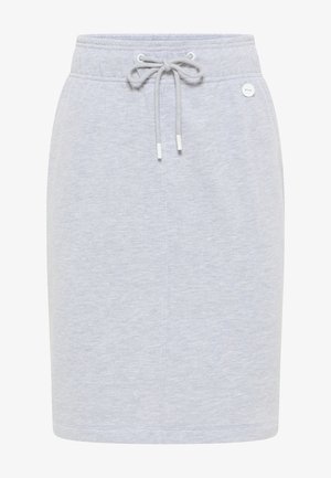 Lysegrå sportskørt i bomuldsblanding med justerbar snørelukke i taljen, sidelommer og en glat overflade. Simpelt design uden mønstre.