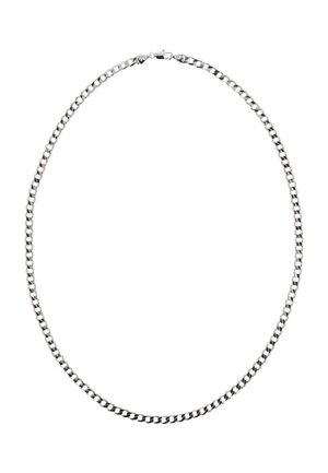 Sølv halskæde med flade, sammenflettede led og en lås med kløestyr.