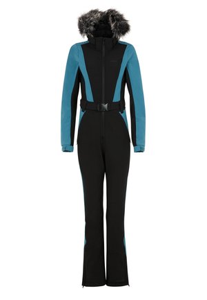 Zwart en teal skibroek met een met bont afgewerkte capuchon, een getailleerde taille, lange mouwen en ritsmanchetten, gemaakt van waterafstotend materiaal.