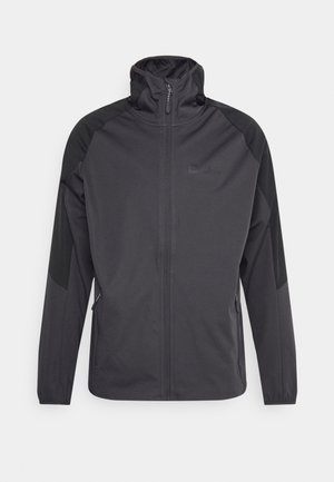 Veste softshell noire avec col montant, fermeture zip à l'avant, et panneaux d'épaule contrastants. Comprend des poches latérales et des poignets élastiques.