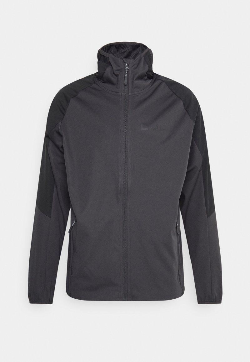 Veste softshell noire avec col montant, fermeture zip à l'avant, et panneaux d'épaule contrastants. Comprend des poches latérales et des poignets élastiques.