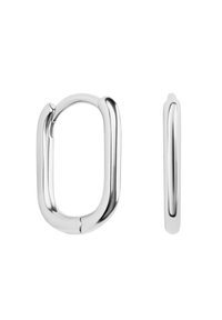 Srebrny metalowy ogniwo o wydłużonym owalnym kształcie, z wypolerowanym wykończeniem i gładką teksturą, z przerwą do podłączenia po jednej stronie.