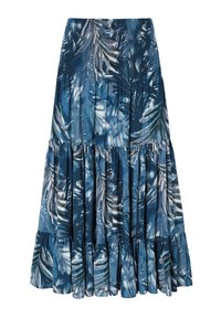 Fustă maxi evazată din material albastru cu imprimeu tropical de frunze, având o talie elastică și un tiv ondulat. Material texturat.