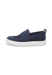 Marineblaue Wildleder Slipper mit glatter Oberfläche, weißer Gummisohle und genähten Details; verfügt über ein kleines dekoratives Akzentstück auf dem oberen Teil.