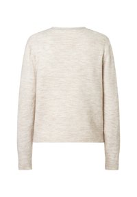 Hellbeige Pullover mit weicher Textur, rundem Ausschnitt und langen Ärmeln. Hat einen leicht gekürzten Schnitt und gerippte Bündchen.
