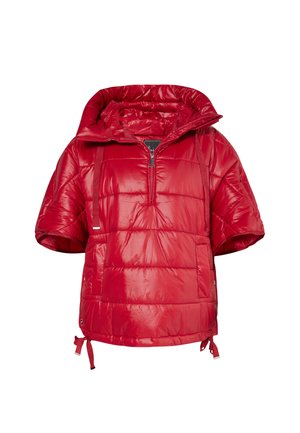 Veste pullover isolée rouge, à manches courtes, avec zip sur le devant, grande capuche, poche avant, cordons de serrage ajustables à l'ourlet. Fini lisse et brillant.