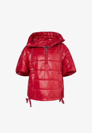 Red insulated pullover jacket, short sleeves, zippered front, large hood, front pocket, adjustable drawstrings at the hem. Smooth, shiny finish.