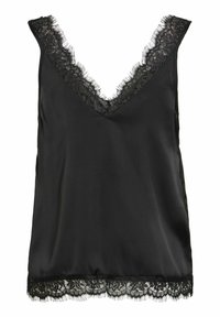 Top caraco en satin noir avec décolleté en V et délicate bordure en dentelle florale sur l'encolure et l'ourlet.