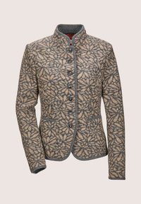 Wollen jas met een bloemenpatroon in beige en zwart, grijze afwerking, mandarin-kraag en voorzakken, voorzien van zes knopen.