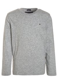 Grey long-sleeve T-shirt made from organic cotton, featuring a classic crew neckline and a small embroidered logo on the chest.