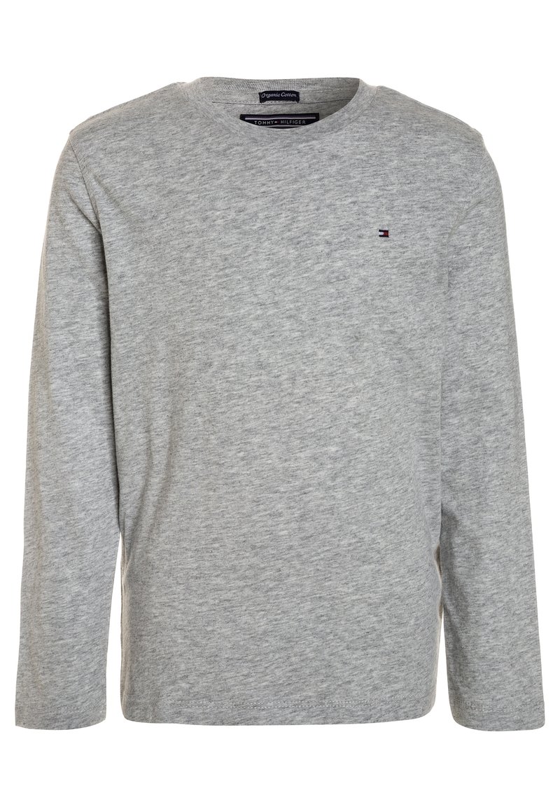 Grey long-sleeve T-shirt made from organic cotton, featuring a classic crew neckline and a small embroidered logo on the chest.