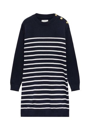 Vestido de punto de manga larga azul marino con rayas horizontales blancas, escote redondo y tres botones dorados en el hombro izquierdo.