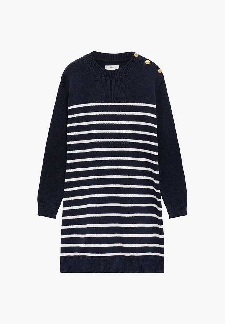Robe en tricot à manches longues bleu marine avec des rayures horizontales blanches, col rond et trois boutons dorés sur l'épaule gauche.