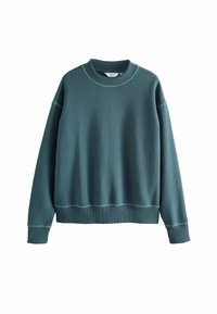 Tyrkysová mikina s okrúhlym výstrihom, dlhými rukávmi a rebrovanými manžetami. Disponuje kontrastným prešívaním a voľným strihom. Mäkká textúra látky.