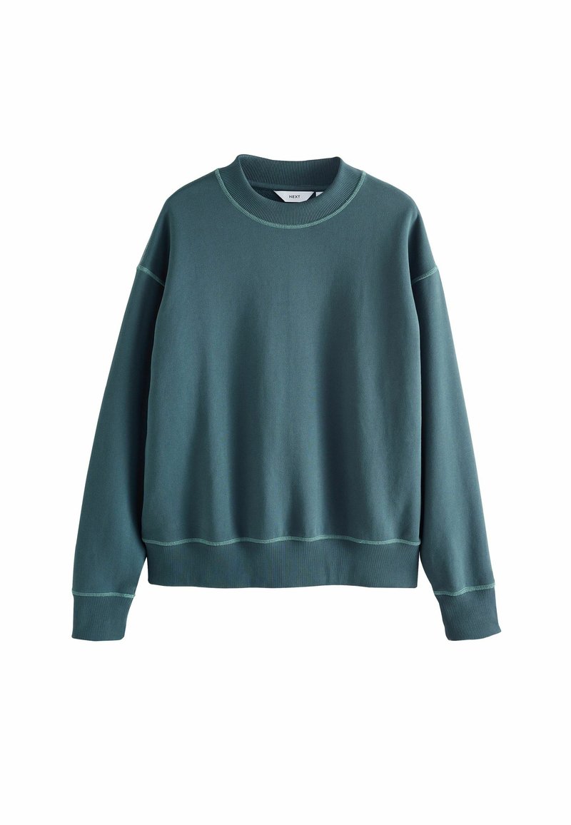 Tyrkysová mikina s okrúhlym výstrihom, dlhými rukávmi a rebrovanými manžetami. Disponuje kontrastným prešívaním a voľným strihom. Mäkká textúra látky.