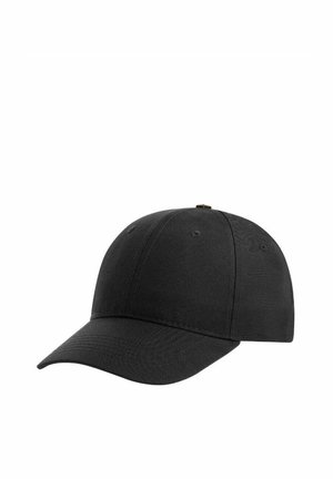 Plain black baseball cap with curved brim and stitched panels, shown against a white background.