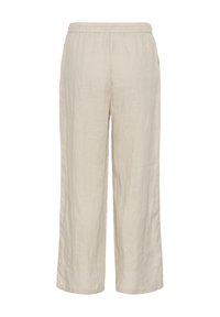 Bēšas, plašas linu bikses ar elastīgu jostasvietu, vidēja augstuma vidukli un brīva, ikdienišķa stila dizainu.