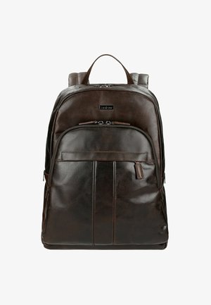 Sac à dos en cuir brun avec une texture lisse, double fermeture éclair supérieure, poche avant, poche latérale zippée et bretelles rembourrées.