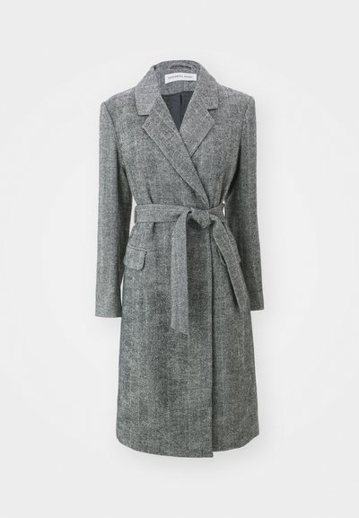 Gray herringbone long coat with a belt, notched lapels, long sleeves, and side pockets. Made of textured fabric, fully lined.