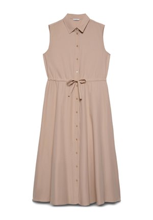 Abito midi beige senza maniche con chiusura a bottoni sul davanti, scollo con colletto e cintura regolabile.