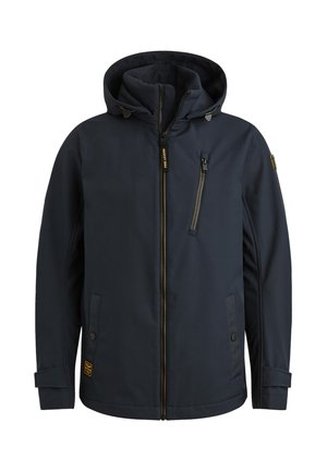 Navy plava jakna s kapuljačom, prednjim patentnim zatvaračem, patentnim džepom na prsima, dva donja džepa s kopčom na drukere i podesivim remenima na rukavima.