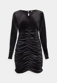Rochie din catifea neagră cu mâneci lungi, cu pliseri pe laterale, spate cu decupaj și decorată cu mici tinte argintii.