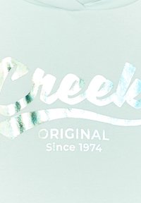 Felpa azzurra chiara con testo metallico argenteo che recita "Creek Original Since 1974". Tessuto morbido, design con cappuccio, stile casual.