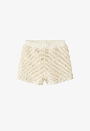 Pantaloni scurți croșetați de culoare crem, cu marginile ondulate și talie elastică cu model reiat, prezentați pe un fundal alb.