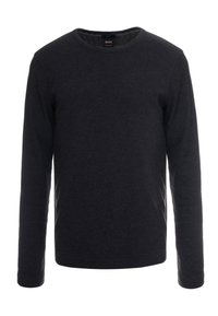 Svart långärmad crewneck-tröja gjord av ett mjukt, strukturerat tyg. Har en enkel design utan synliga mönster eller accenter.