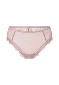 Svetloružové čipkované spodné prádlo s bodkovaným vzorom, jemnými strapcami na okrajoch a kvetinovými ozdobami pozdĺž pásu a strán.