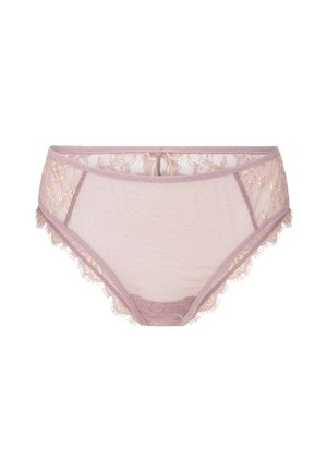 Jasnoróżowa koronkowa bielizna z polka dot, delikatnymi frędzlami oraz kwiatowymi akcentami na linii talii i po bokach.