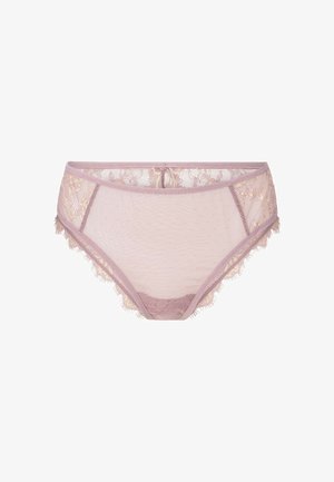 Jasnoróżowa koronkowa bielizna z polka dot, delikatnymi frędzlami oraz kwiatowymi akcentami na linii talii i po bokach.