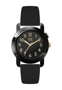 Orologio con cinturino in silicone nero, cassa rotonda nera, indicatori e lancette dorate su un quadrante nero. Design elegante e minimalista.