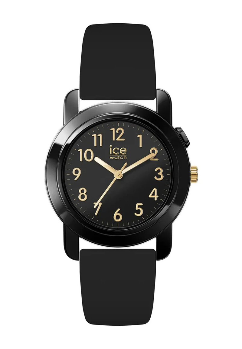 Orologio con cinturino in silicone nero, cassa rotonda nera, indicatori e lancette dorate su un quadrante nero. Design elegante e minimalista.