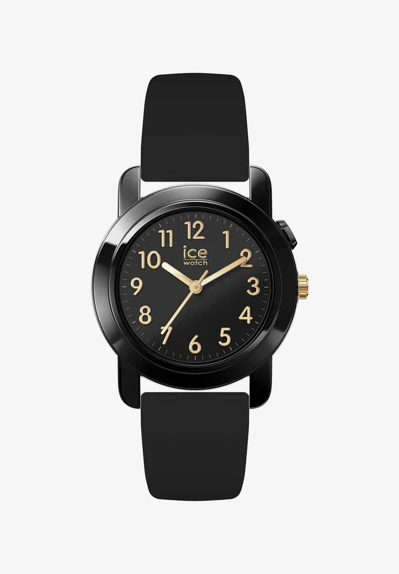 Schwarze Silikonarmbanduhr mit einem runden schwarzen Gehäuse, goldenen Stundenmarkierungen und Zeigern auf einem schwarzen Zifferblatt. Schlankes und minimalistisches Design.