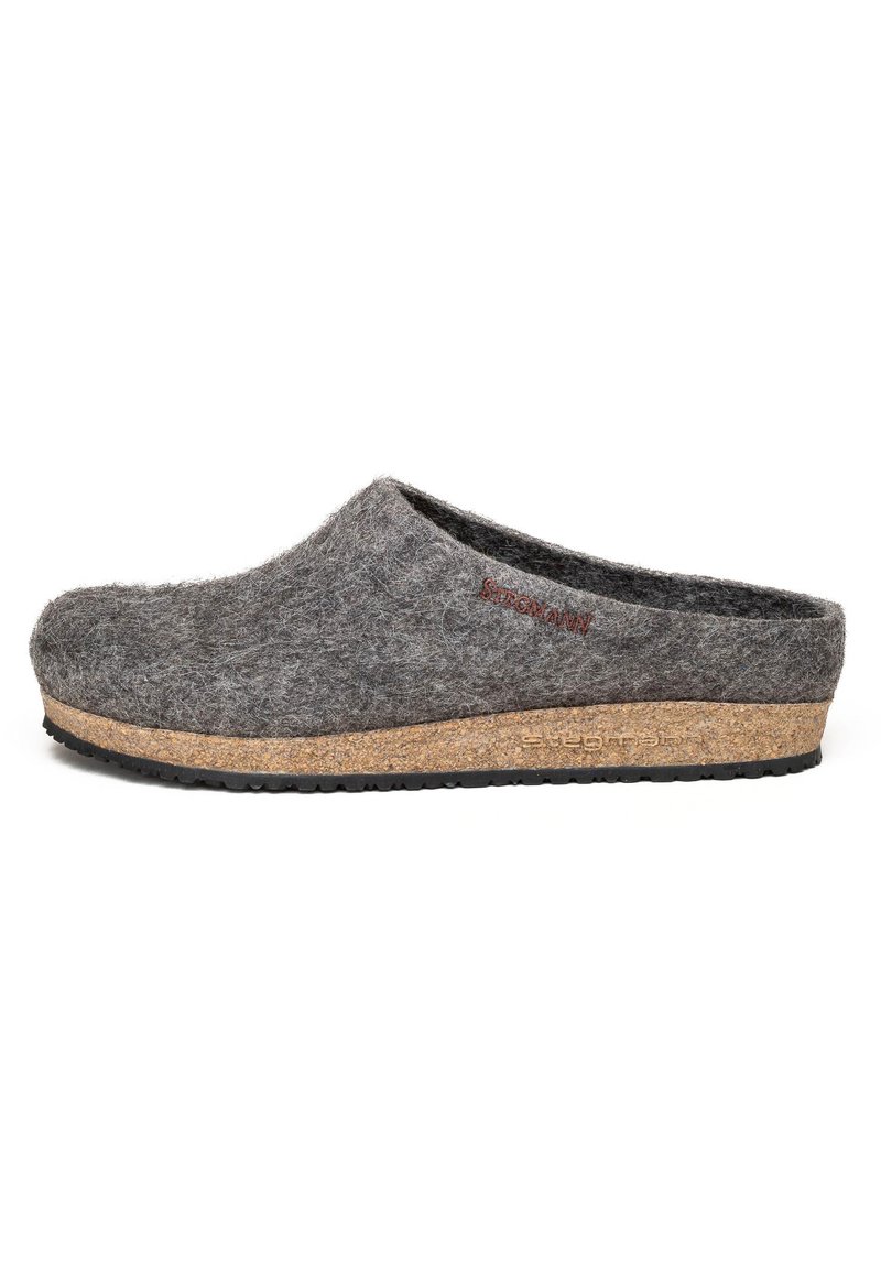 Gray felt clogs with a cork sole, rounded toe, and open heel. Features a textured surface and a subtle logo on the side.