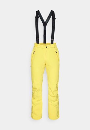 Gele skibroek met verstelbare zwarte bretels, voorzien van twee zijzakken en een gladde, waterafstotende stof. Rechtlijnig ontwerp.