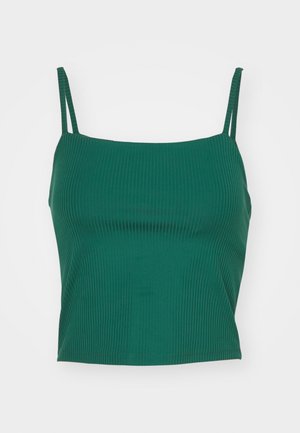 Green ribbed crop top with thin straps, featuring a fitted silhouette and a smooth texture. No visible hardware or embellishments.