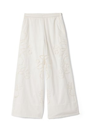 Witte broek met wijde pijpen, bloemenkant applicatie en zijzakken, met elastische tailleband.