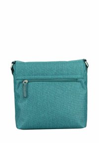 Turquoise fabric crossbody bag with a zippered front pocket, flat shape, textured surface, and adjustable strap. Ideal for casual use.