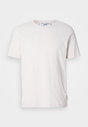 White short-sleeve t-shirt with subtle horizontal stripes, crew neck, soft texture, and a small logo tag on the side.