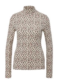 Bluzka z długim rękawem, o fasonie z wysokim kołnierzem w kolorze kremowym, w czarno-czerwony nadruk w panterkę; tekstura prążkowana, dopasowany krój.