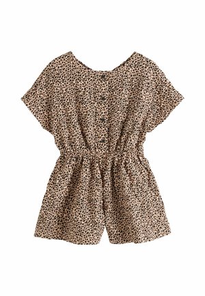 Beige romper met korte mouwen en zwarte luipaardprint, elastische taille en zwarte knopen aan de voorkant.