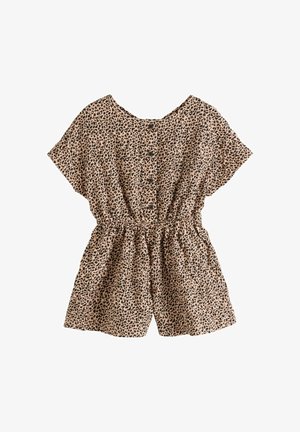 Bež kratka jopica s črnimi leopardjim vzorcem, elastičnim pasom in črnimi gumbi spredaj.